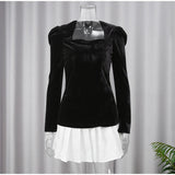 Women Velvet Patchwork Pleated Mini Dress Fashion Ruffled Skirt Long Sleeve Square Neck Tops 2 Pieces Elegant Party Prom Gown