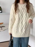 Pbong  Loose Korean Sle Women's Knitwear Autumn Winter Twist Sweater Casual Slimming Lazy Sle Overhead Long Sve round Ne