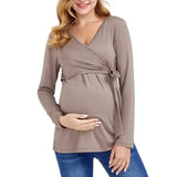 Pbong  Spring and Autumn New Soft Solid Color High-quality Pregnant Women's T-shirt Breastfeeding V-neck Long Sleeved Anti Glare Top