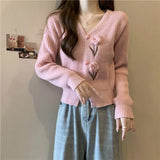 Flower Applique Knit Cardigan Autumn Winter Women Cardigan Sweater Coats Long Sleeve Crop Knitted Jackets Cute Outfit
