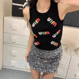 Pbong  Spicy Girl Letter Print Knitted Crop Top Women's Sleeveless Slimming Vest New Inner Wear Fashionable Design
