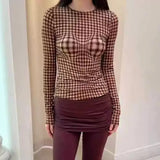 Retro Plaid Crop Tops Long Sleeve Y2k Vintage T Shirt Women Push Up Tee Tops Fairycore 2000s Japanese Grunge Tops Tee