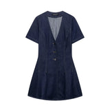 Three Button V Neck Street Chic Demin Dress Women Dress  New Short Sleeve A-line Summer Dresss Fashion Retro Woman Clothing
