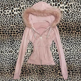 Pbong  Y2K Velvet Zipper Hoodie with faux fur collar, pink slim fit hoodie, casual winter streetwear, retro women's coat