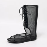 Pbong  Mesh Fishmouth Mid Calf Boots, Lace Up Open Toe Flat Booties, Summer Breathable Casual Shoes for Women