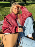 Casual Oversized Leather Jacket Women Fashion Lapel Long Sleeve Loose Zipper Female Coat Autumn Patchwork Loose Y2k Streetwear
