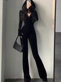 Autumn Sexy Bodycon Black Velvet Jumpsuit Women Fashion Hooded Zipper Flare Pants Rompers Vintage Y2k Streetwear Winter Outfits