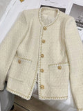 French Sweet Tweed Jacket Women O Neck Elegant Slim Long Sleeve Coat Vintage Casual Single Breasted Female Fall Winter Tops