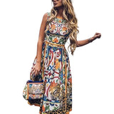 Pbong  Retro Fashionable Floral Print Women's Dress Knee-Length Sleeveless round Neck Empire Waist Elegant Gown for Ladies