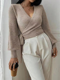Ladies' autumn and winter fashion solid color V-neck lace up cardigan knitted sweater