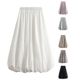 Pbong  Women's Elegant Elastic High Waist Solid Color A-Line Pleated Puffball Hem Casual Flowy Balloon Bud Midi Skirts