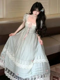 Women Gentle Style Vintage Dress Sweet Bow Short Sleeve Dress French Lace Splice Korean Popular Chic Long Dress New Summer 2025