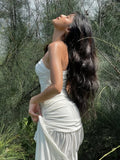 Summer High Slits Temperament Dress Biased Collar Backless Folds Skinny Sleeveless Vacation Beach Party Classic Vestidos