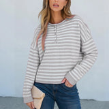 Pbong  Womens Knitted Sweater Tops Fall Long Sleeve Crew Neck Striped Button Loose Pullover Jumpers Preappy Casual Knitwear