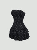 Pbong  Sweetra New Winter French Fashion Polka Dot Lace Ruffle Bow Design Office Commute Casual Cute Sweet Style Strapless Bodycon Cinc