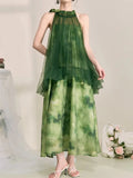 Pbong  Floral Beach Long Dress Women Elegant Vintage Mesh Patchwork Design Dress French Retro Halter Sleeveless Fake Two Vestidos