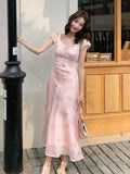 French Holiday Style Sweet Summer Dresses Women New Fashion Floral Pink Chic Long Dress Female Elegant Korean Popular Clothes