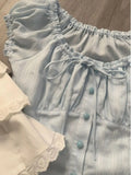 Sweet Fresh French Puff Short-sleeved Ruffled Shirts Women's Summer High-end Waist Slimming Temperament Single Breasted Blouse