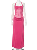 Halter Backless Sexy Maxi Dress Women Gown Mesh Patchwork Sleeveless High Waist Slim Elegant Long Dress Fashion