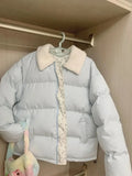 Blue Floral Patchwork Parkas Women Korean Sweet Winter Warm Puffy Coat Casual Long Sleeve Loose Preppy Style Cotton Jacket