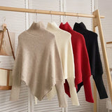 Asymmetric Knit Poncho Sweater for Women Soft Rib-knit Turtleneck Long Sleeve Pullovers Female Tops Autumn Winter Casual Outfit