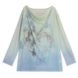 Gradient Fall 2025 Fashion Woman Oversize Graphic T Shirts Long Sleeve Top Cowls Blue Tee Autumn Streetwear Clothing