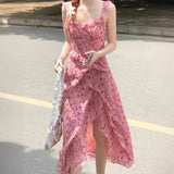 Pbong  Summer Korean Style Sweet Floral Print Slimming Bell Sleeve Mid-Length Strapless Dress Women's Fashion High Waist A-Line Skirt