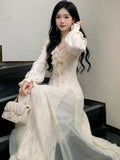 Autumn Elegant Solid Ruffles Fairy Dresses Korean Fashion Slim  A Line Midi Dress Women Princess Party Vestidos New