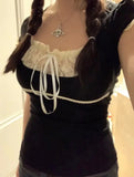 Coquette Lace Crop T Shirts Women Sweet Girl Bow Aesthetic Tops Japanese 2000s Style Y2k Short Sleeve Tees Summer 2024