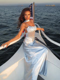 Ribbon Spaghetti Strap Dress For Women Mesh Splice Elegant Sexy Vacation Long Dress Backless Summer New Female Dress