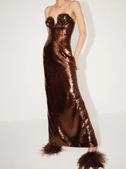 Sexy V Neck Spaghetti Straps Slit Long Dress Luxury Sleeveless Sequins Flower Bodycon Dress Celebrity Runway Club Party Dress