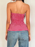 Y2k Red Gingham Crop Top Womean Sexy Strapless Ruffle Hem Sleeveless Button Cami Coquette Aesthetic Plaid Print Crop Top Summer