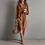 Pbong  New Fall Retro Solid Ribbed Corduroy Dress Woman Elegant Single Breasted Lapel Shirt Dresses Long Sleeve Slit Clothing