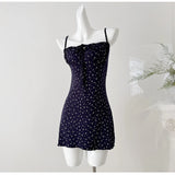 Pbong   Dark Blue Floral Dress Short Sexy Lace-up Bow Squared Collar Mini Dress Korean Chic Hot Girl Summer Beach Spaghetti Strap Dress