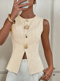 Pbong  Elegant Striped round Neck Button up Vest Top Women's Fashion Outerwear Sleeveless Slim Fit Street Style New Arrival