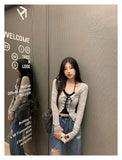 Two Piece Set Lace-up Cardigan with Cami Women's Sexy Slim Y2K Crop Long Sleeve Criss Cross Knit Tops Korean Acubi Outfit