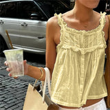 Women Y2k Lace Ruffle Trim Tank Top Fairycore Sexy Sheer Button Front Scoop Neck Camisole Cute Going Out Crop Tops Boho Vest