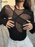 Mesh See Through Women's Bodysuit Soild Fashion Asymmetric Neck Long Sleeves Sexy Party Clubwear Female Summer Rompers