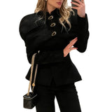 Pbong  New Autumn Fashion Solid Shawl Waist Cinching Coat Women Elegant Round Neck Full Sleeve Slim Short Jackets Lady Streetwear