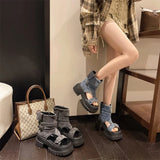 Pbong  European and American Style Belt Buckle Open-Toe Sandals for Women, New Summer Thick-Soled Height-Increasing Versatile Denim Fashion Boots, Short Boots
