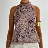 Women Y2k Graphic Print Halter Tank Top Summer Sleeveless Going Out Crop Tops Boho Sexy Backless Vacation Beach Camisoles Vest