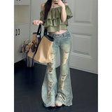 Pbong   Women's Flare Jeans Low Rise Stretch Ripped Denim Pants Japanese Harajuku Abi Y2k American Retro Punk Grunge Bootcut Jean