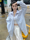 Sweet Casual Women Striped Shirts Loose Long Sleeve Vintage Cotton Linen Sun Proof Blouse Korean Preppy Style Letter Retro Tops