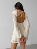 Apricot Sexy Slim Fit Round Neck Lace Up Jacquard Short Dress Fashion Chic Flare Sleeve Backless Sexy Women Dress 2025 New