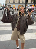 Women Vintage Loose Pu Faux Leather Short Jacket Fashion Lapel Zipper Double Pocket Streetwear 2024 Lady Retro Casual Outwear