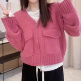Women's Zip Up Knit Cardigan with Pocket V-neck Zipper Front Crop Sweater Jacket Female Teen-girl Autumn Winter Y2K Outfit