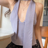 Plaid Print All-match Sexy Deep V-Neck Backless Casual Halter Tops Y2K Summer Fashion Sweet Cute Daily Streetwear Vest