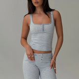 Pbong  Women’s 2Piece Y2K Stripe Loungewear Outfit Set Sleeveless Button Square Neck Crop Tank Tops +Elastic Low Waist Pants
