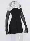 Pbong  Off Shoulder Full Sleeves Sparkly Dress Sexy Halter Mini Dresses For Women Party Night Blackless Slim Fit Vestidos Mujer