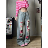 Pbong   Women Blue Baggy Y2k Jeans Hip Hop American Wide Leg Jean Pants Vintage 2000s Harajuku Denim Trousers Clothes Summer